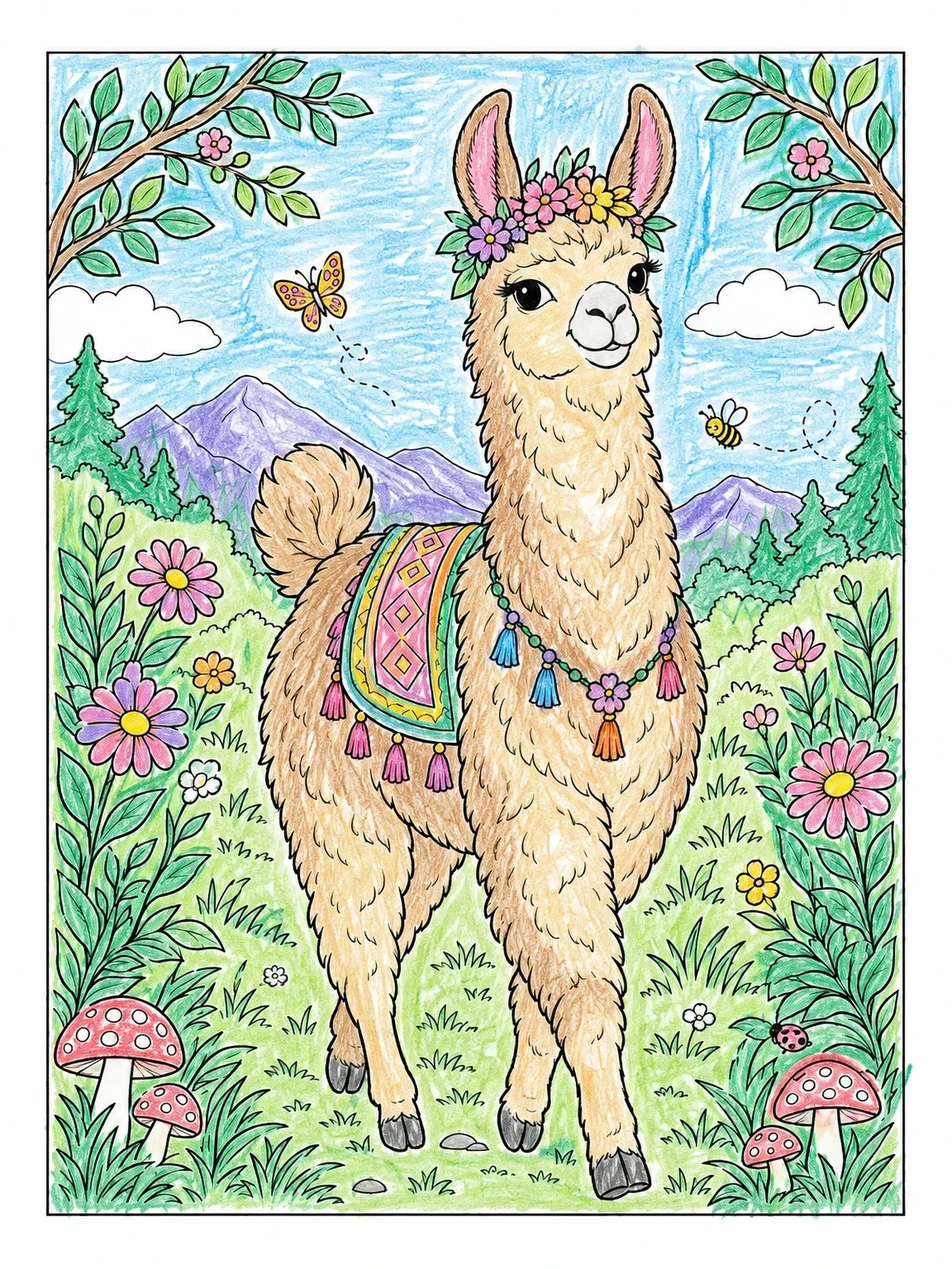 Colored example of the Fluffy Llama In Floral Meadow coloring page