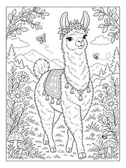 Free printable Fluffy Llama In Floral Meadow coloring page