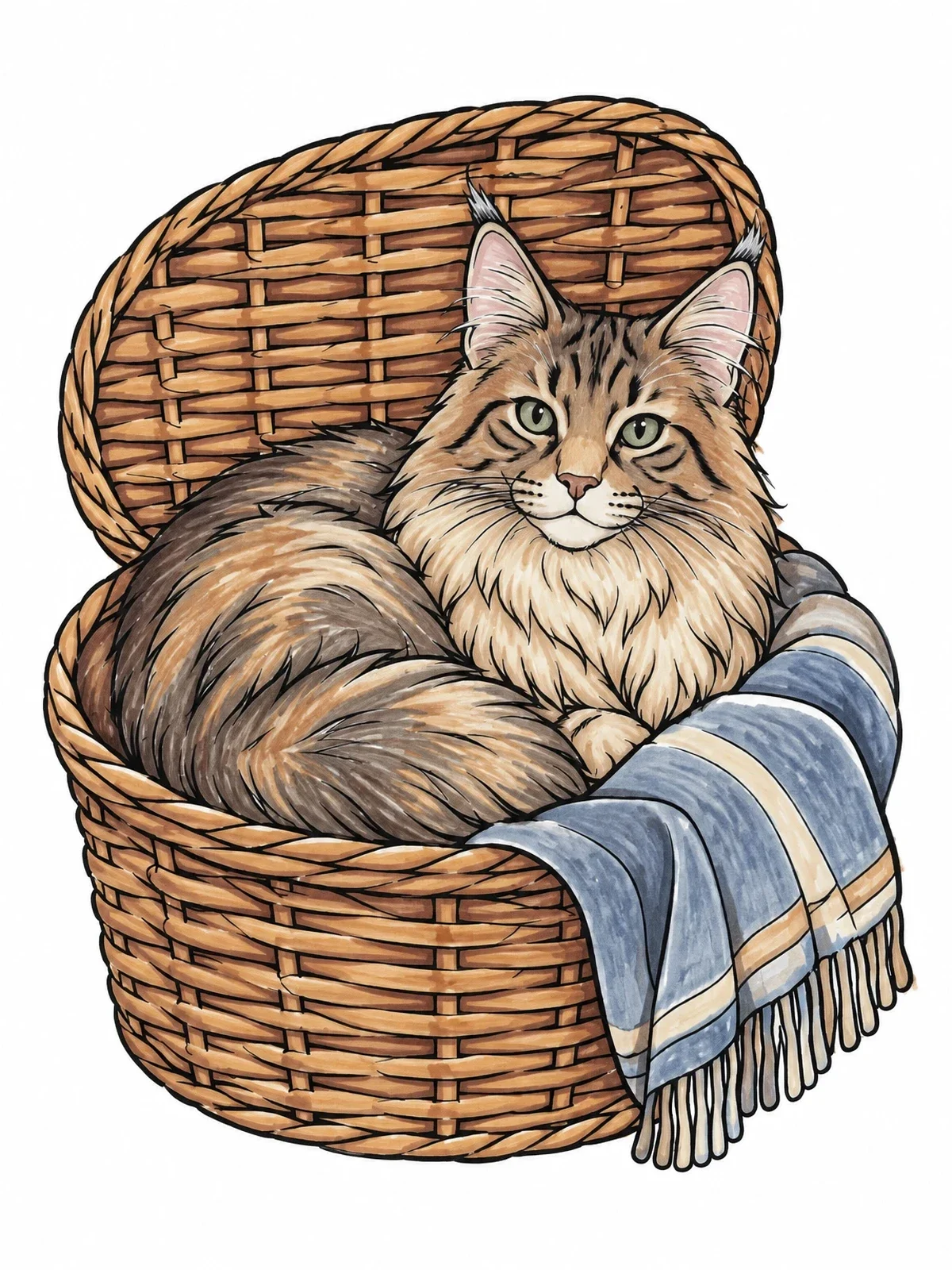 Colored example of the Maine Coon Cat In Wicker Basket coloring page