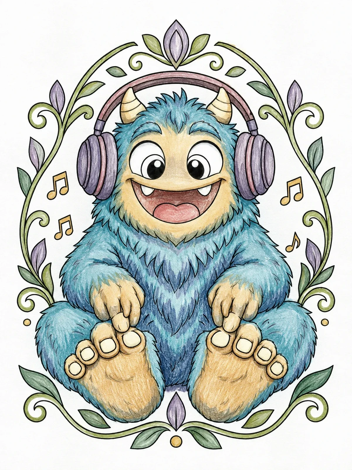 Colored example of the Fluffy Monster With Headphones coloring page