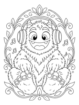 A happy fluffy monster wearing headphones in a musical monster coloring page framed by leaves.