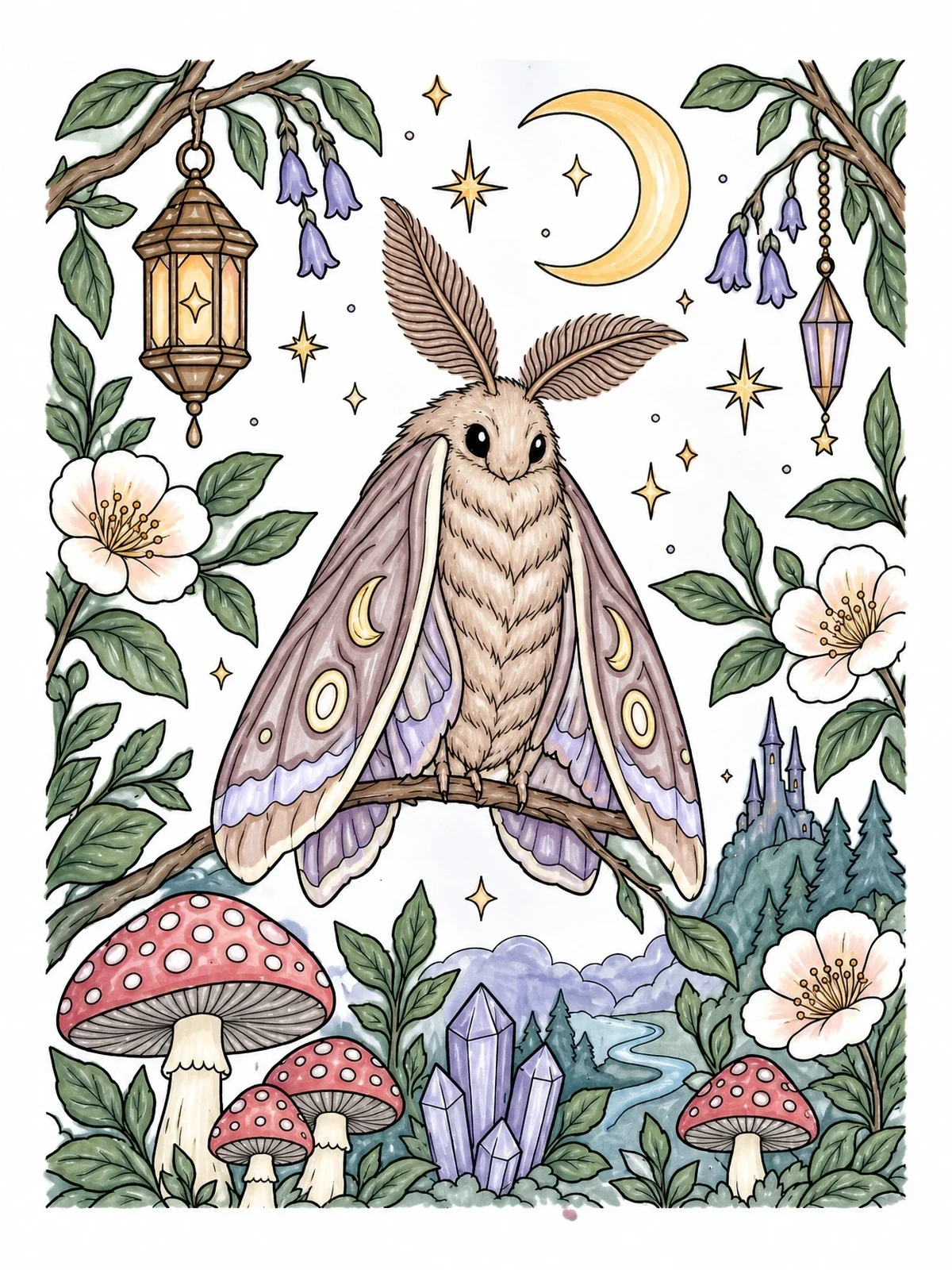 Colored example of the Fluffy Moth Perched On A Branch coloring page