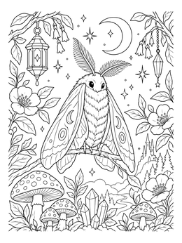 A fluffy moth coloring page featuring a perched moth under a crescent moon with mushrooms and crystals.