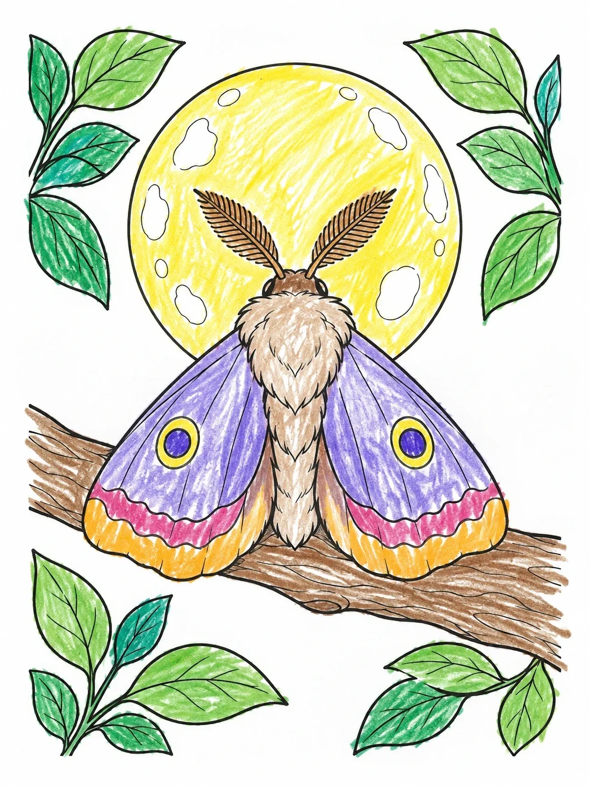 Colored example of the Fluffy Moth Under The Full Moon coloring page
