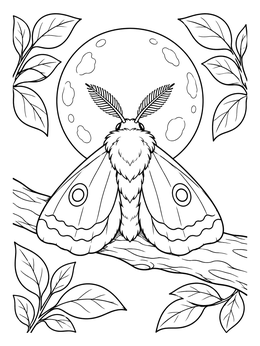 A fluffy moth resting on a branch against a moon in this moth coloring page.