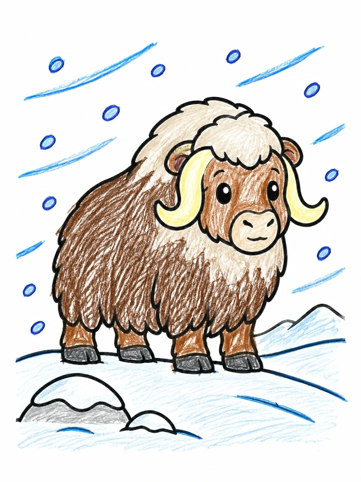 Colored example of the Fluffy Muskox In The Snow coloring page