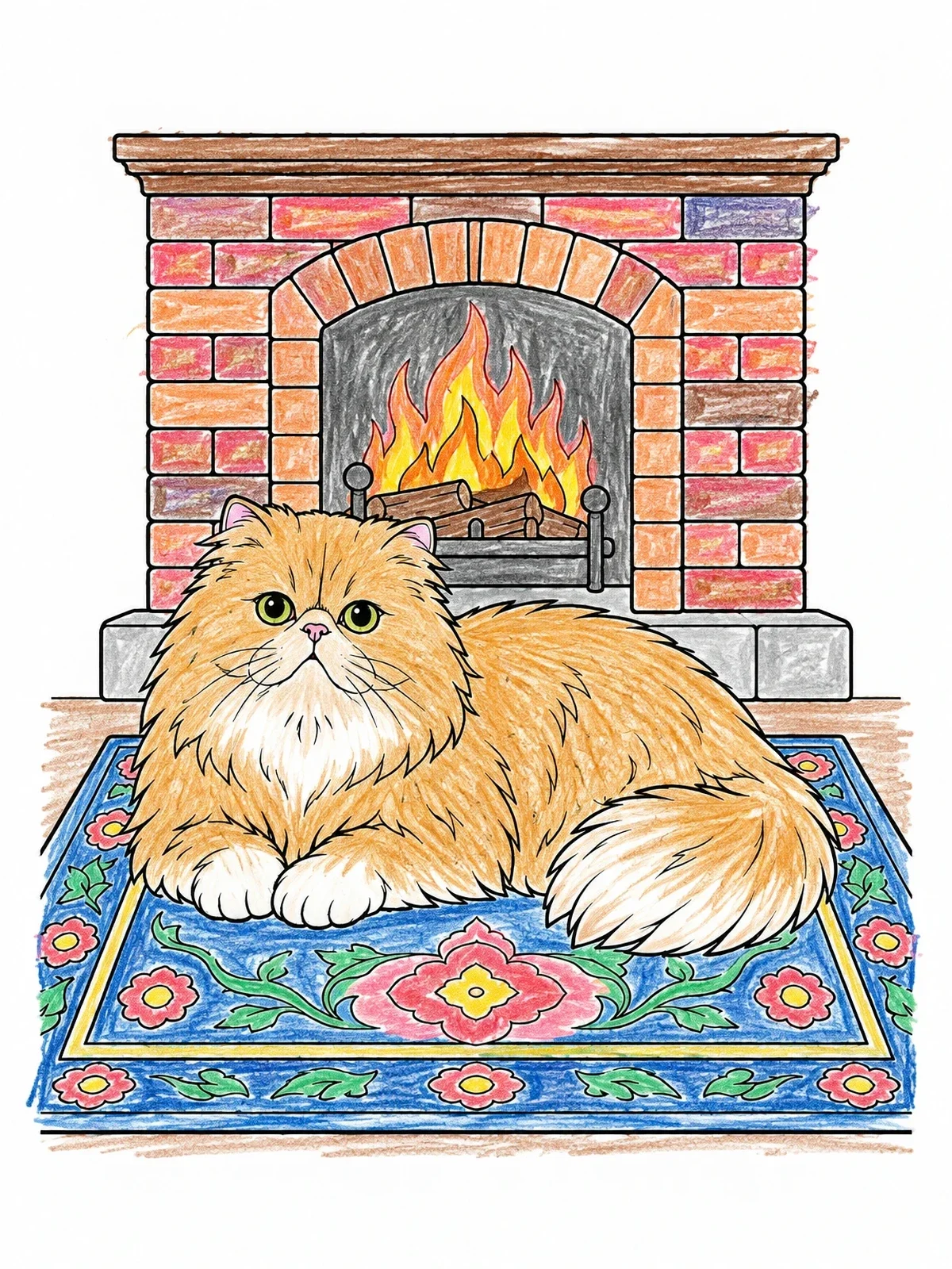 Colored example of the Fluffy Persian Cat By The Fireplace coloring page