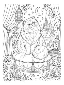 Free printable Fluffy Persian Cat On Ottoman coloring page