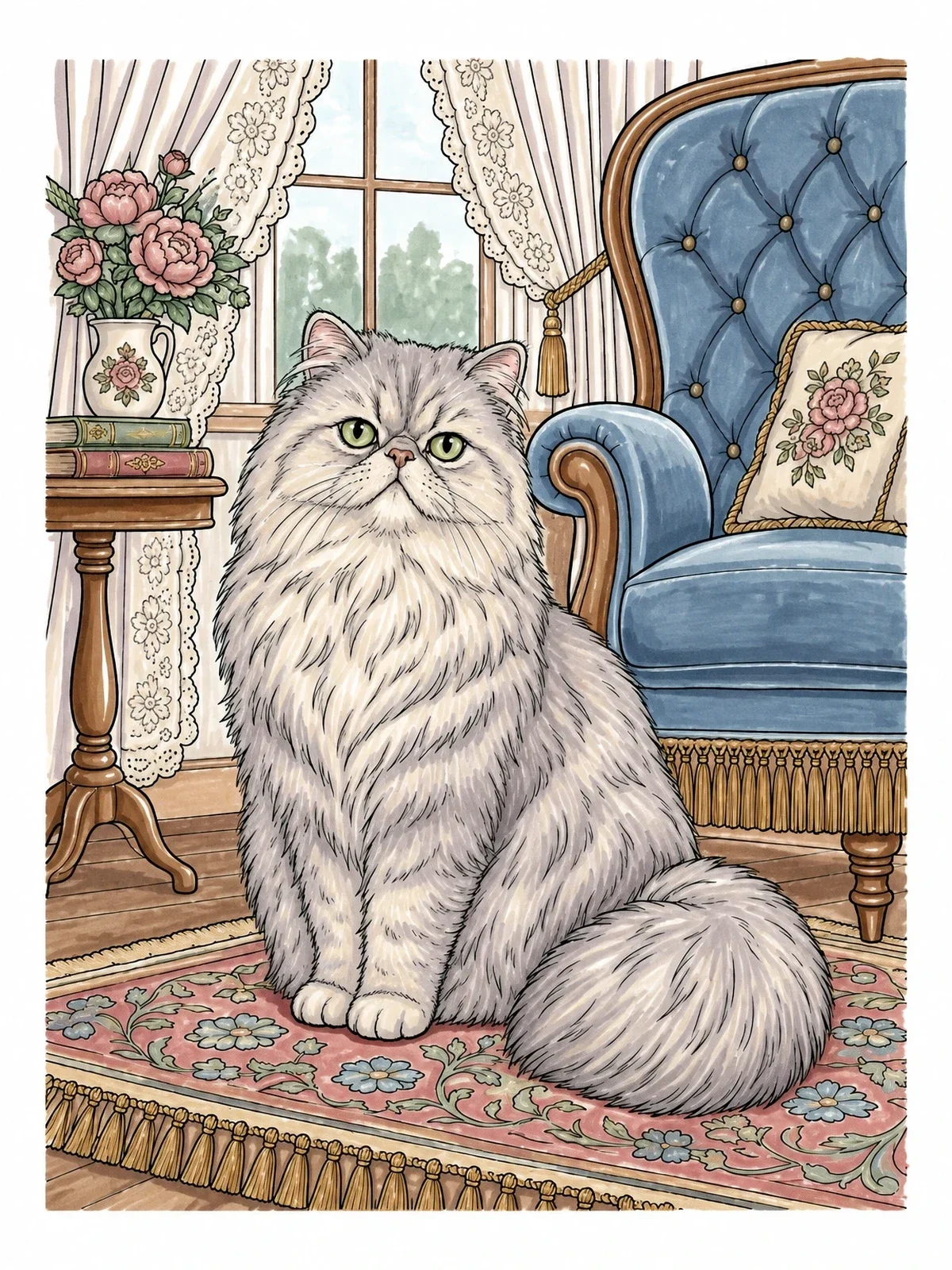 Colored example of the Fluffy Persian Cat In Victorian Parlor coloring page