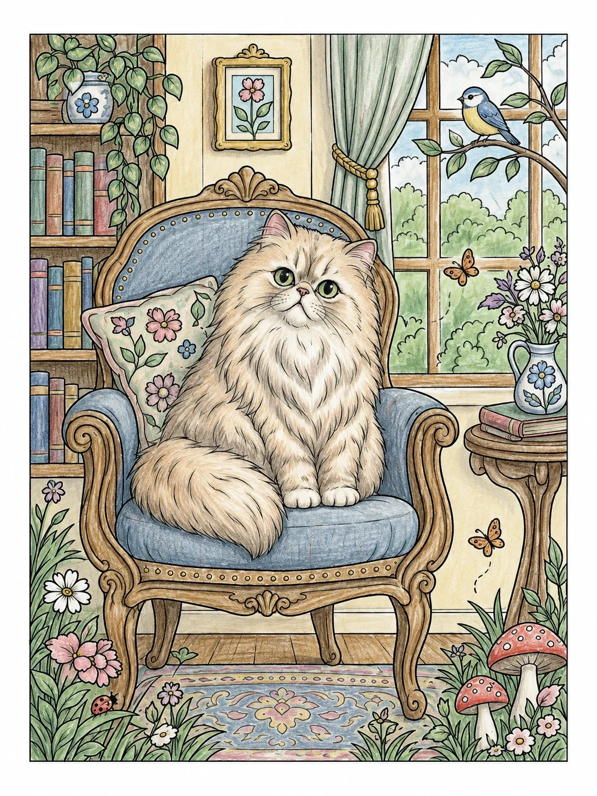 Colored example of the Fluffy Persian Cat On Vintage Armchair coloring page