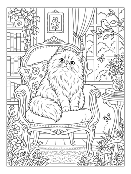 Free printable Fluffy Persian Cat On Vintage Armchair coloring page