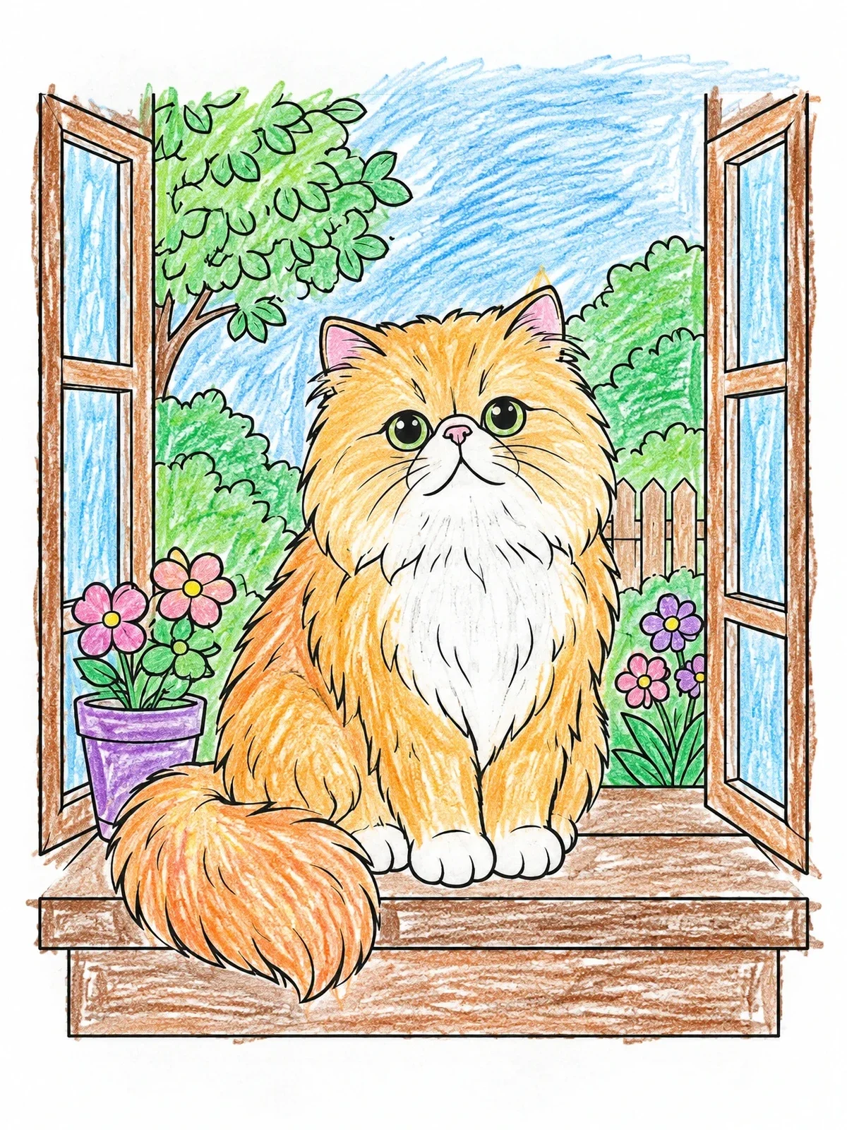Colored example of the Fluffy Persian Cat On Windowsill coloring page