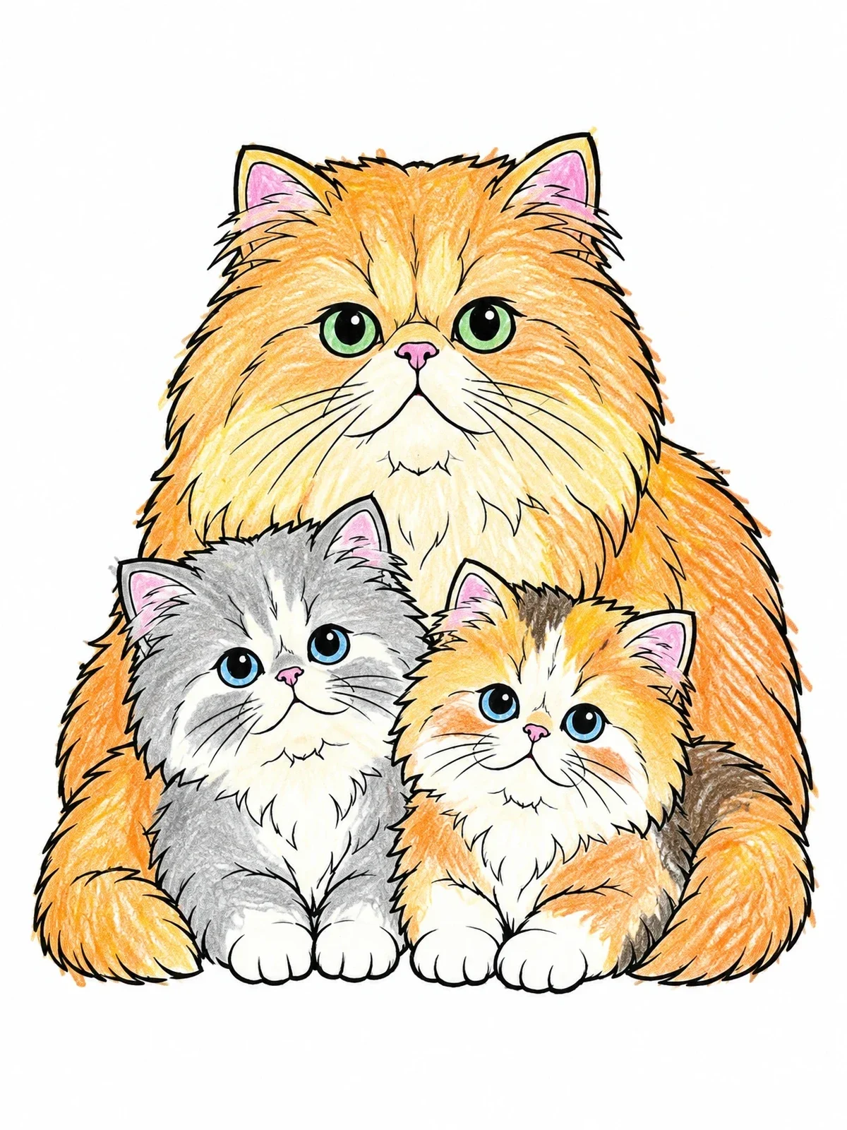 Colored example of the Fluffy Persian Cat With Kittens coloring page
