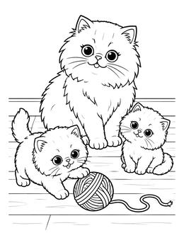 Free printable Fluffy Persian Cat With Playful Kittens coloring page