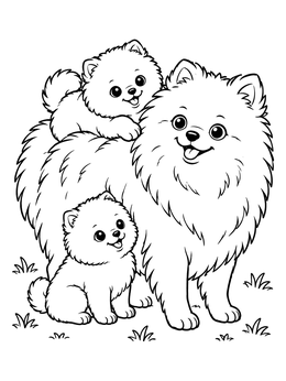Free printable Pomeranian Dog With Playful Puppies coloring page