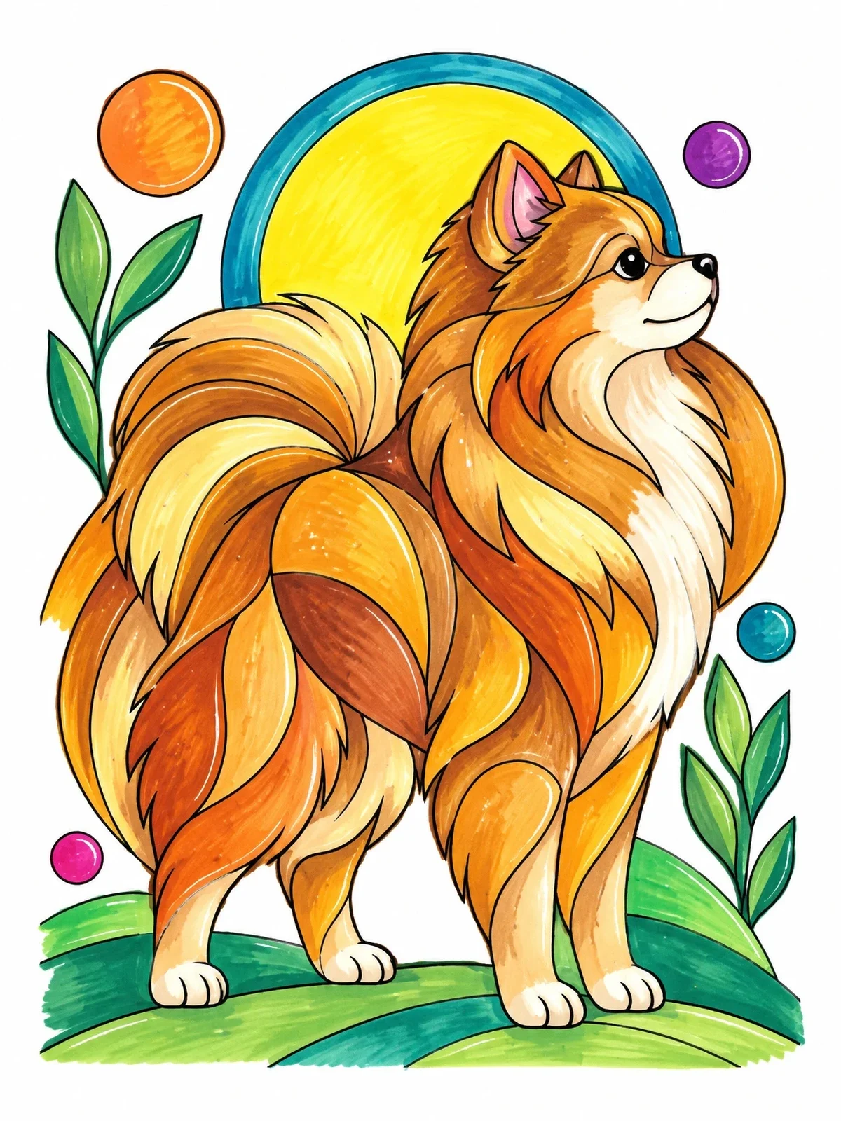 Colored example of the Fluffy Pomeranian In Profile coloring page