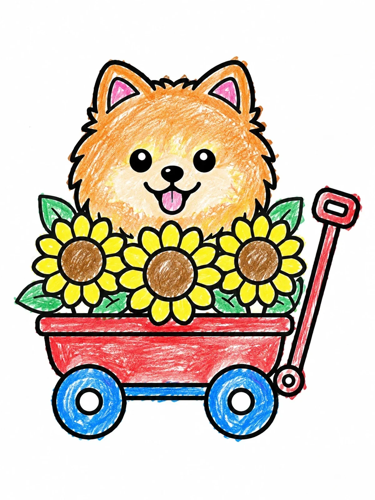 Colored example of the Fluffy Pomeranian In Flower Wagon coloring page