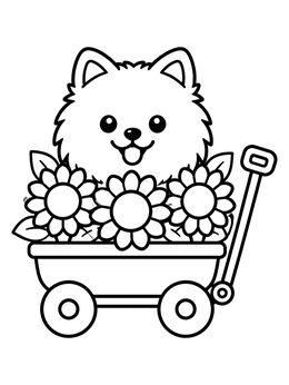 Free printable Fluffy Pomeranian In Flower Wagon coloring page