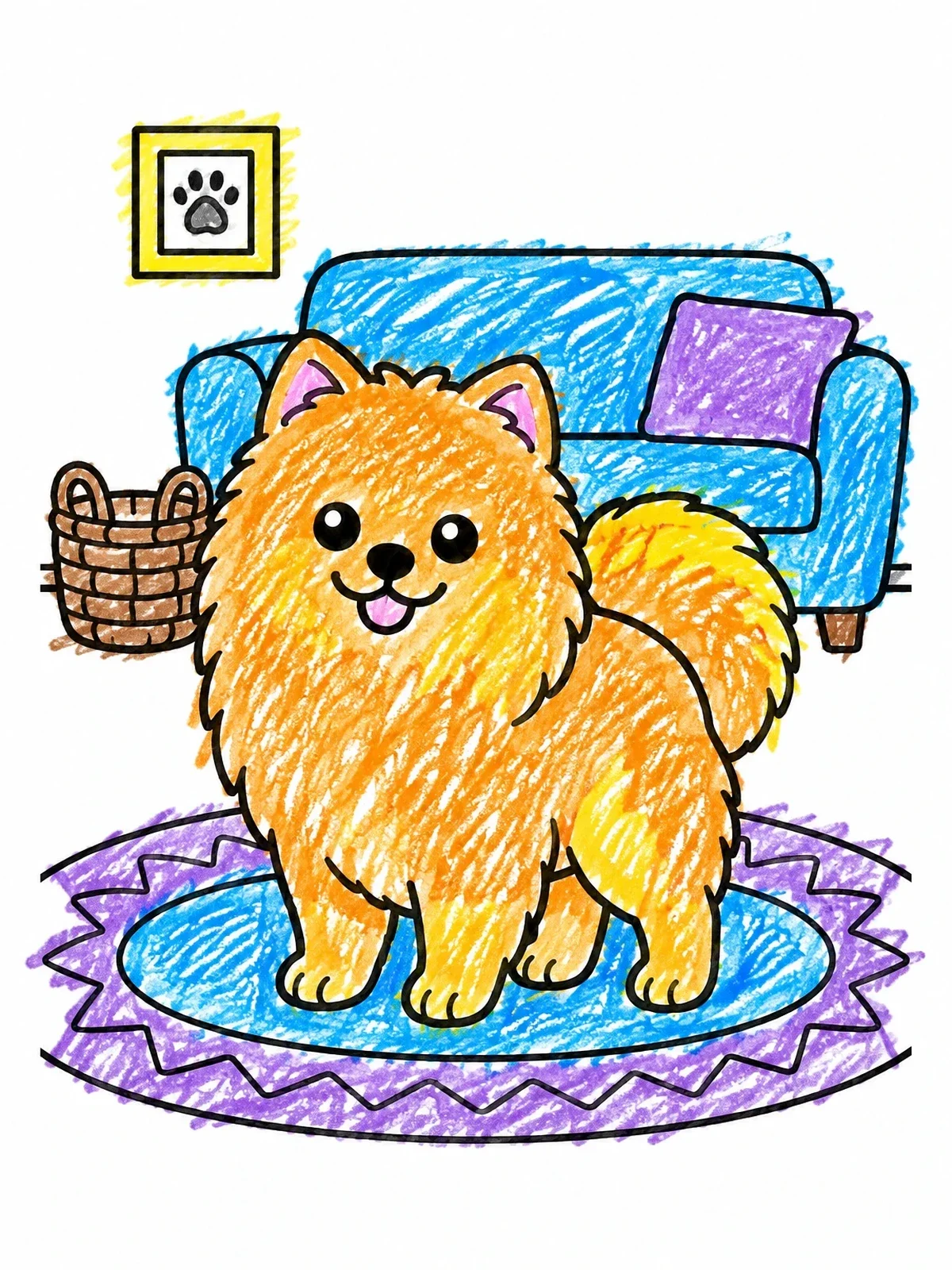 Colored example of the Fluffy Pomeranian In The Living Room coloring page