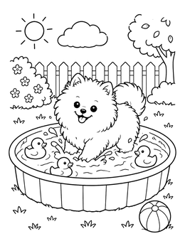 Free printable Fluffy Pomeranian In Kiddie Pool coloring page