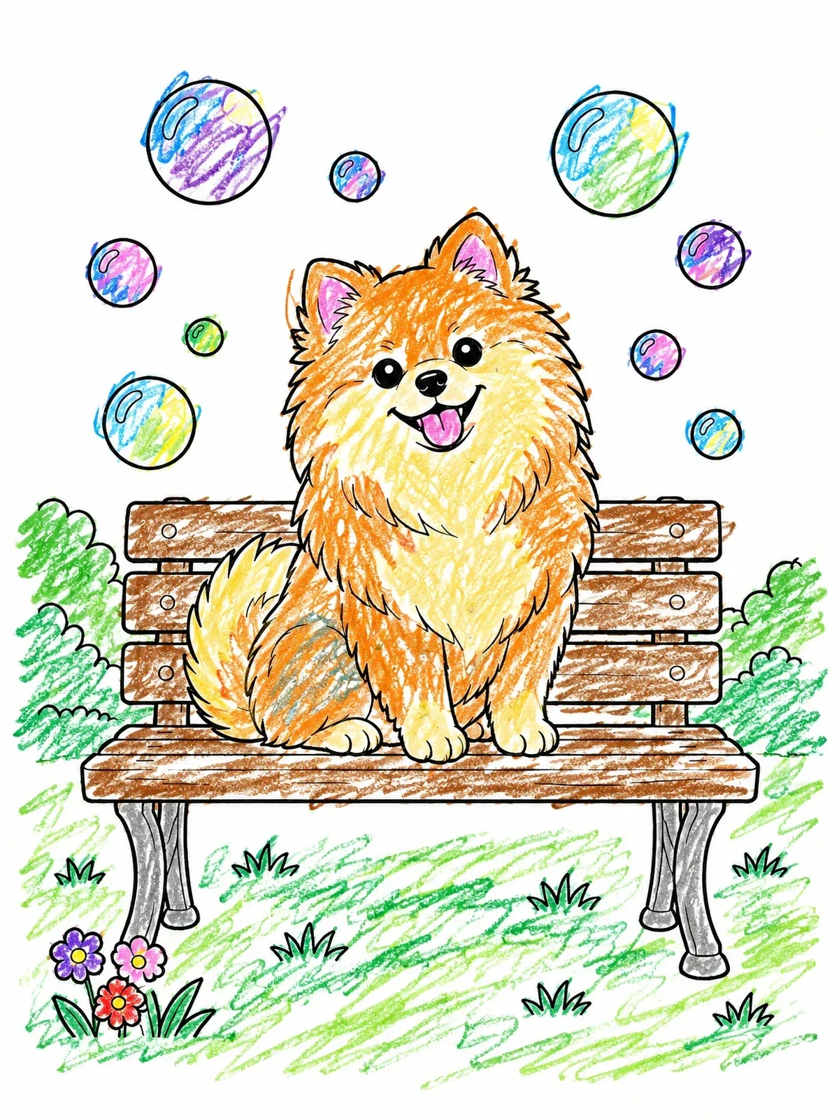 Colored example of the Fluffy Pomeranian On Park Bench coloring page