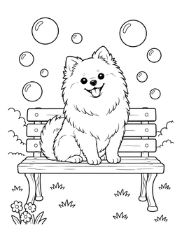 Free printable Fluffy Pomeranian On Park Bench coloring page