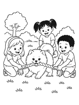 Free printable Fluffy Pomeranian Playing Tug Of War coloring page