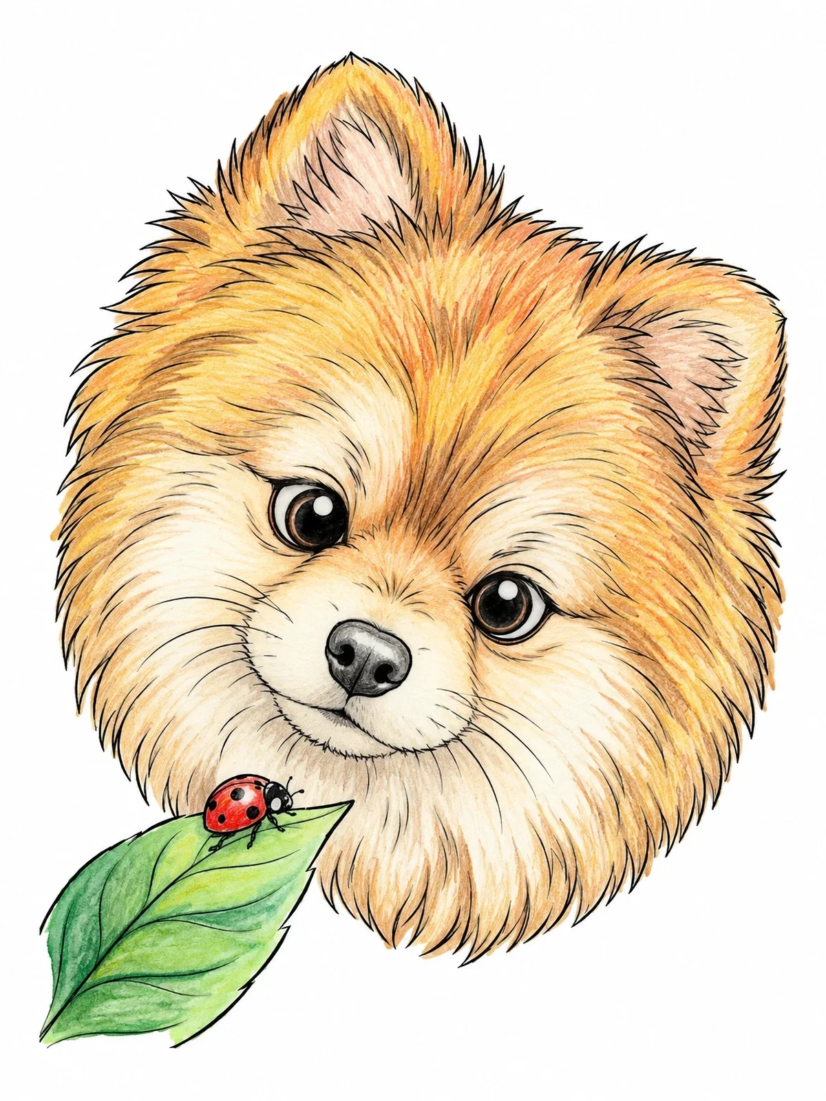Colored example of the Fluffy Pomeranian Puppy And Ladybug coloring page