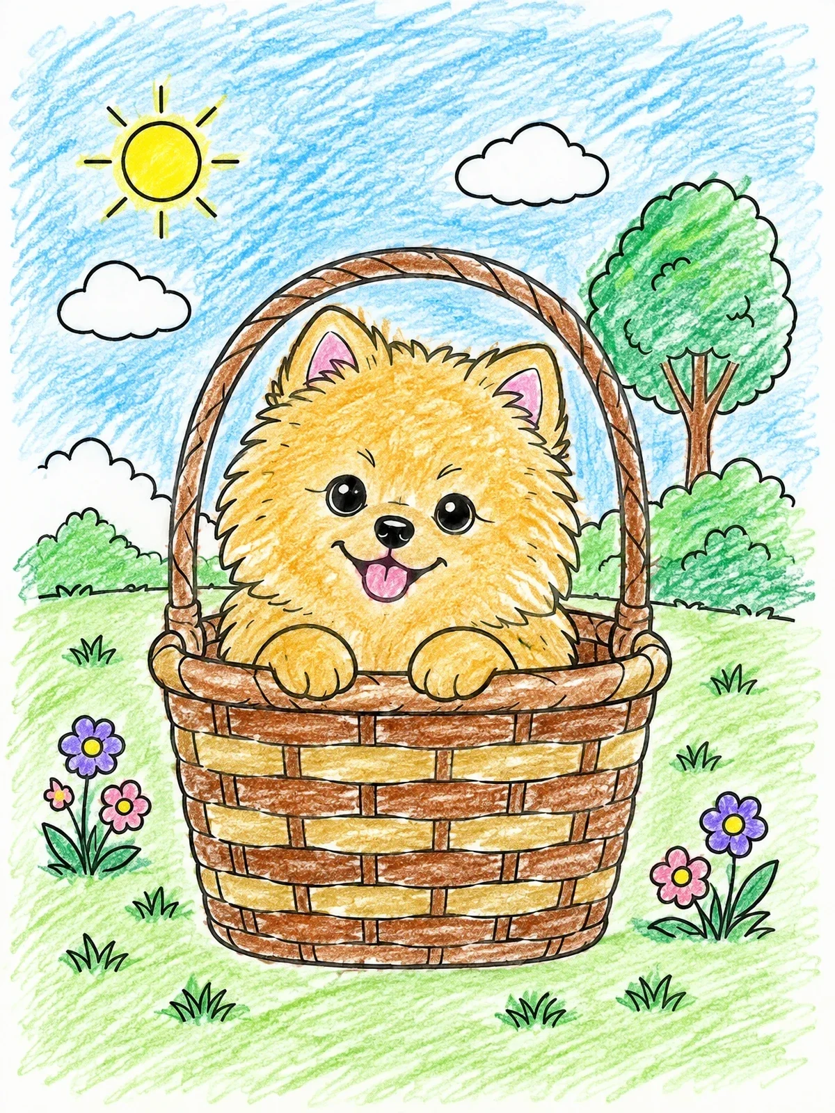 Colored example of the Fluffy Pomeranian In A Woven Basket coloring page