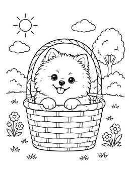 Free printable Fluffy Pomeranian In A Woven Basket coloring page