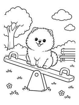Free printable Cute Pomeranian Puppy On A Seesaw coloring page