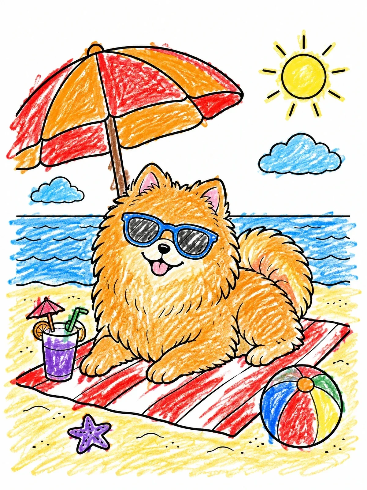 Colored example of the Fluffy Pomeranian Relaxing On The Beach coloring page