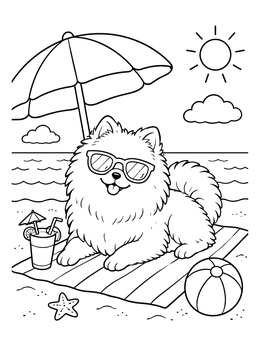 Free printable Fluffy Pomeranian Relaxing On The Beach coloring page