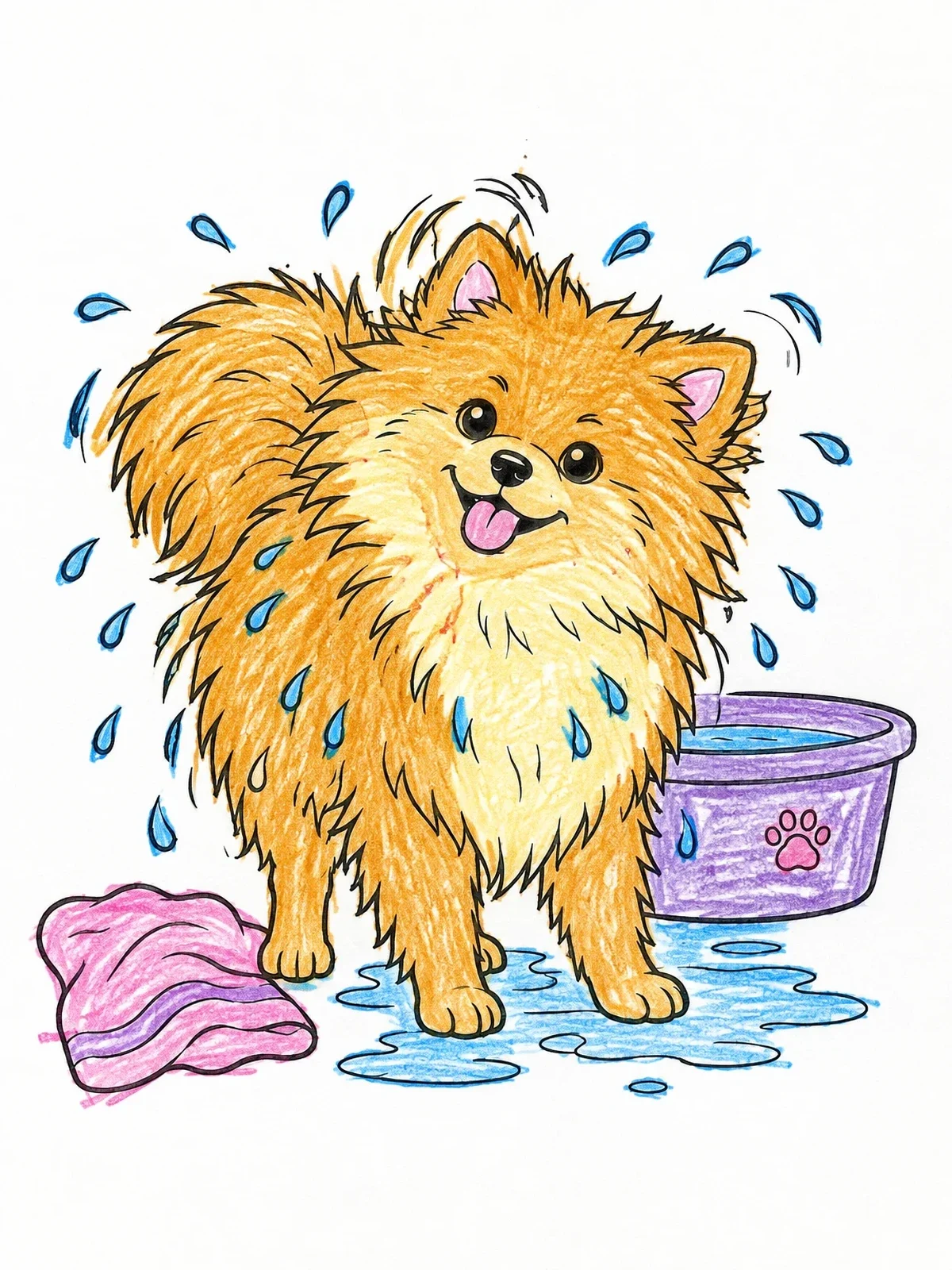 Colored example of the Fluffy Pomeranian Shaking Water After Bath coloring page