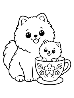 Free printable Fluffy Pomeranian With Teacup Puppy coloring page