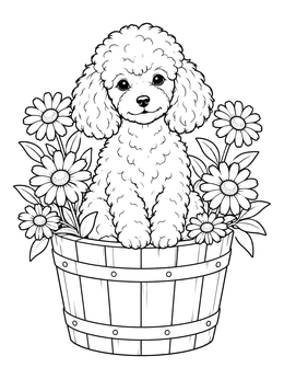 A fluffy puppy in a poodle coloring page sitting inside a wooden tub surrounded by daisies.