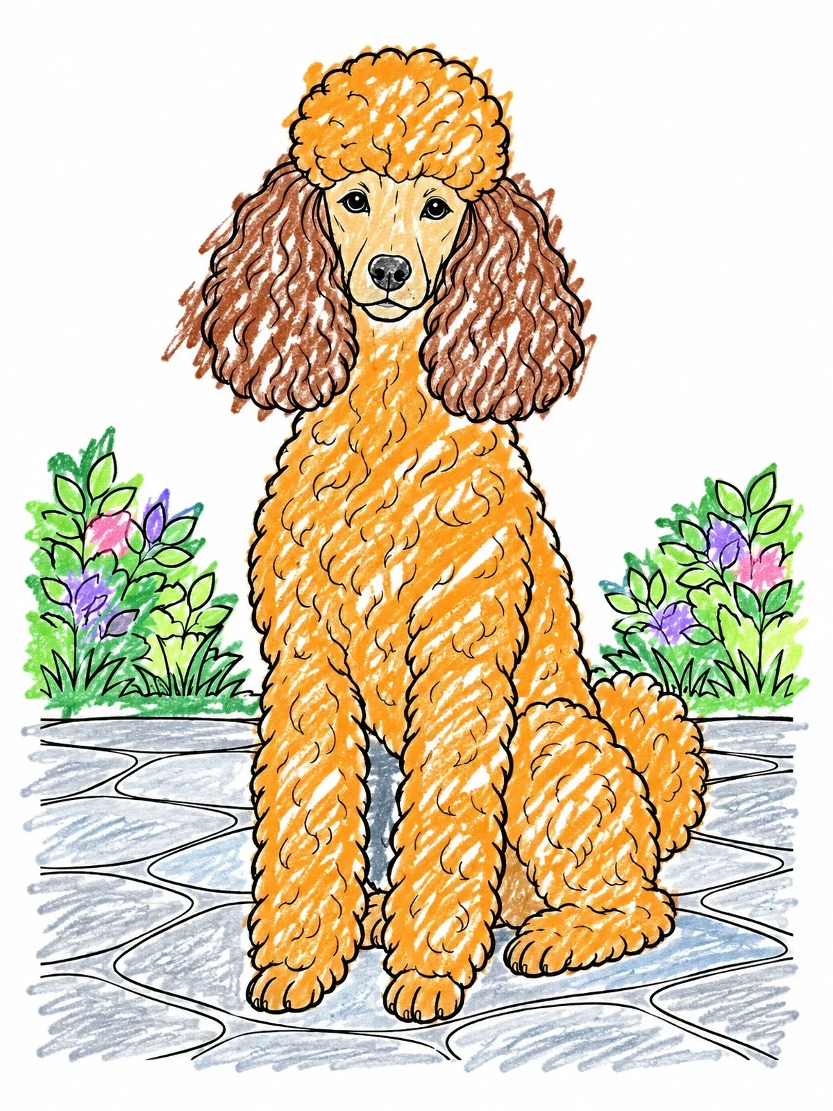 Colored example of the Fluffy Poodle On Garden Patio coloring page