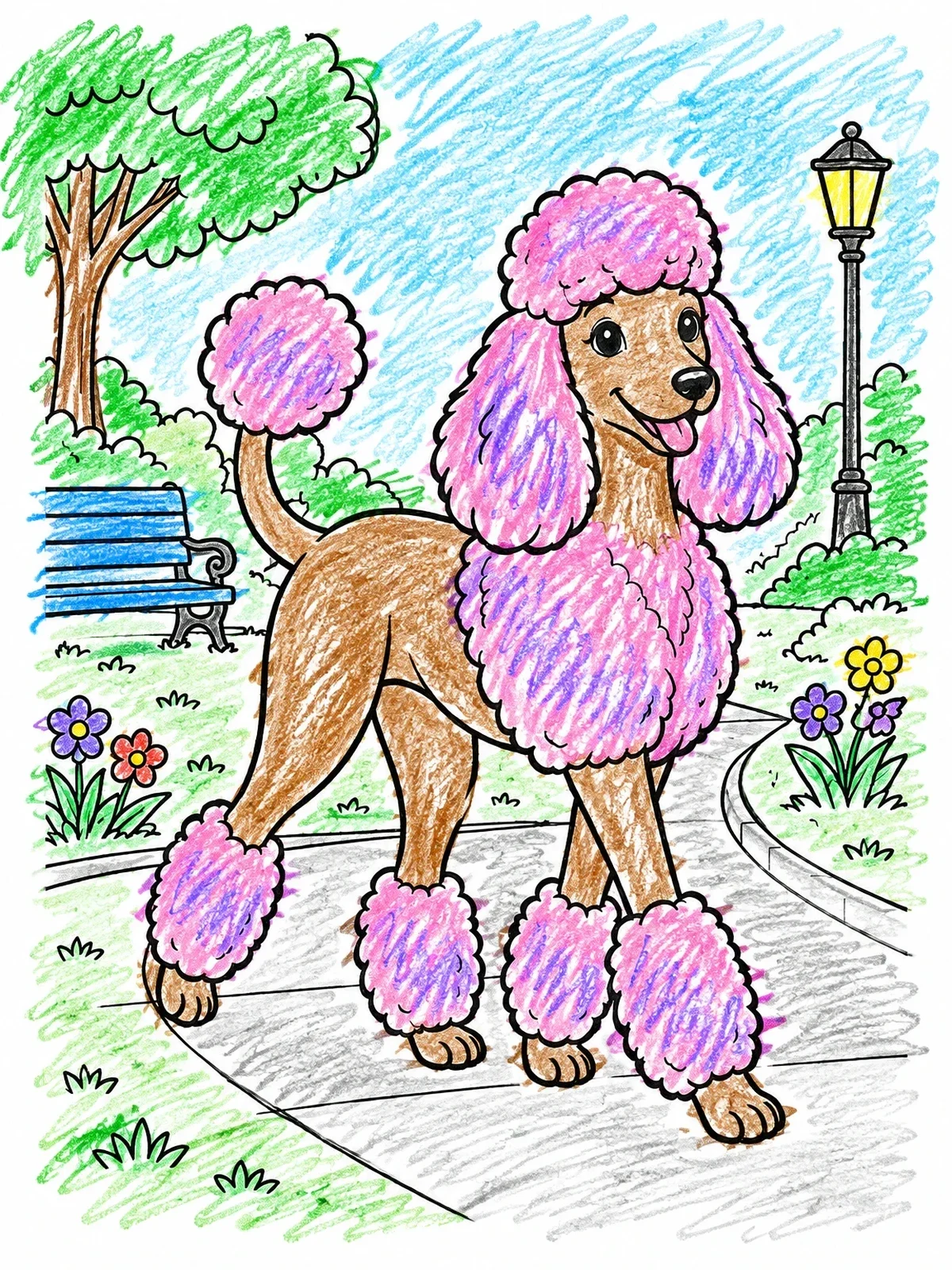 Colored example of the Fluffy Poodle In The Park coloring page