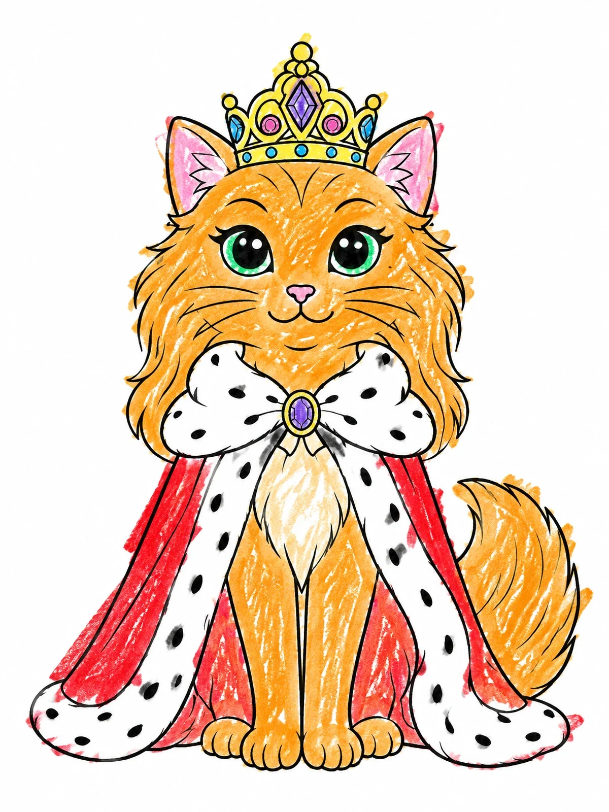 Colored example of the Fluffy Princess Cat With Royal Cape coloring page