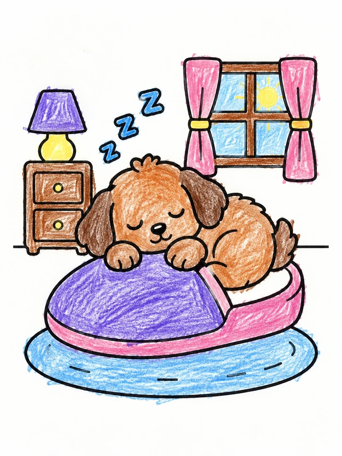 Colored example of the Fluffy Puppy Sleeping On Slipper coloring page
