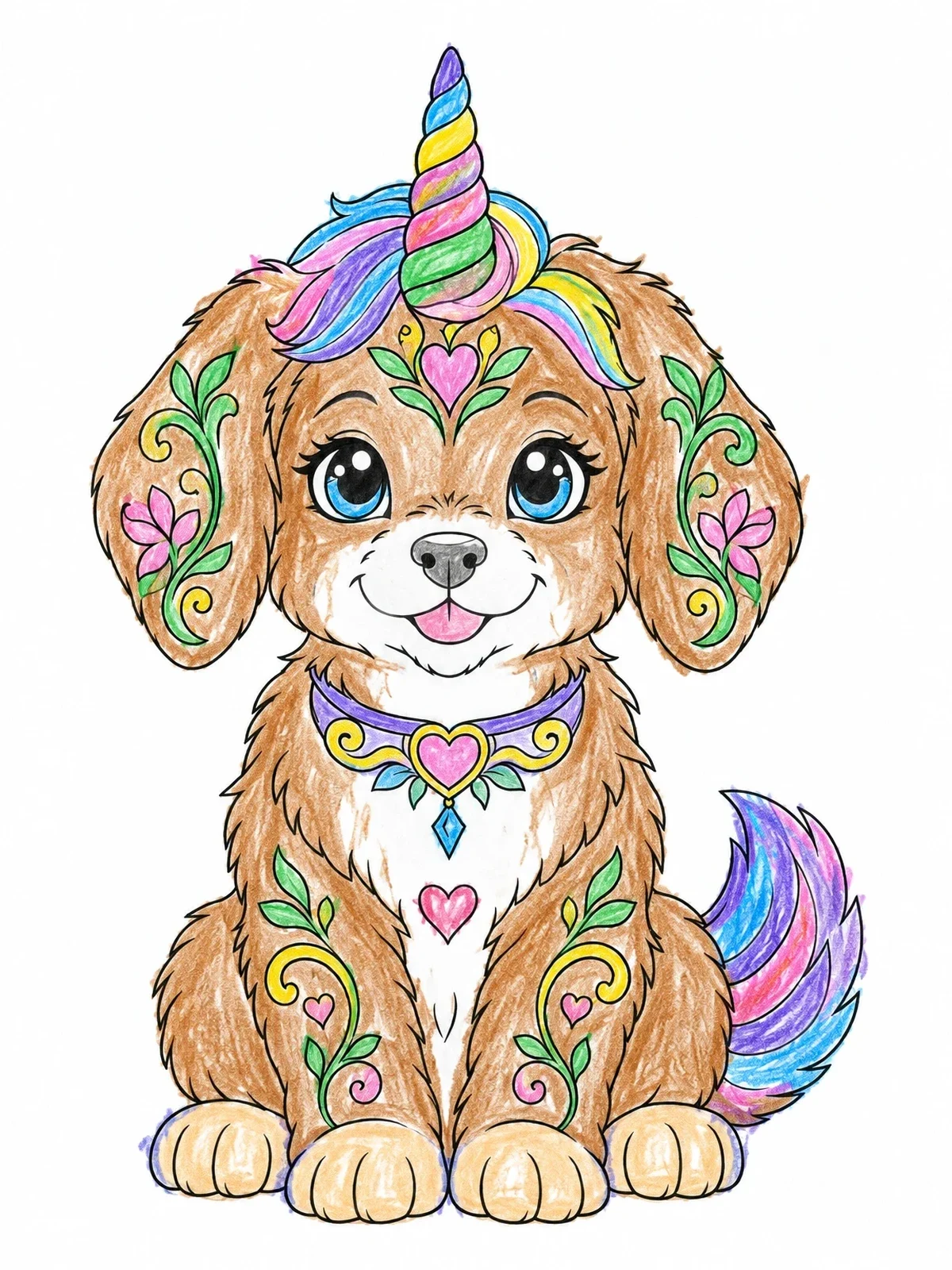 Colored example of the Fluffy Puppy Unicorn With Floral Patterns coloring page