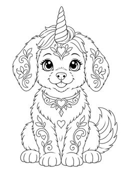 A fluffy puppy unicorn coloring page featuring heart and vine details.