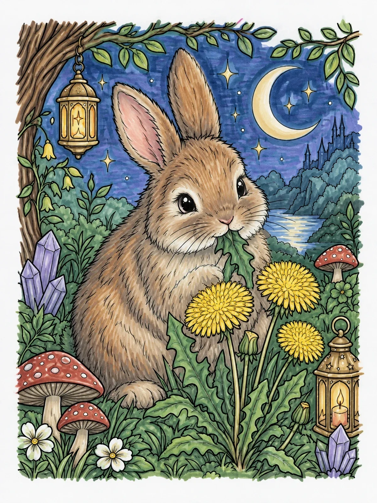 Colored example of the Fluffy Rabbit With Nighttime Dandelions coloring page
