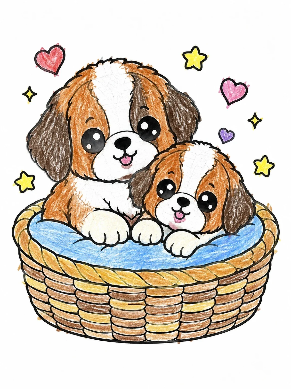 Colored example of the Fluffy Saint Bernard Puppies In Basket coloring page