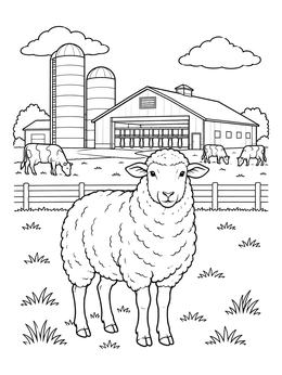 A fluffy sheep stands in the meadow of this farm coloring page with a barn behind.