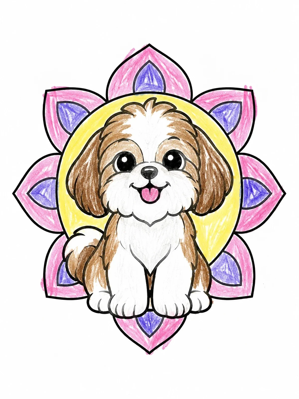 Colored example of the Fluffy Shih Tzu With Flower Frame coloring page