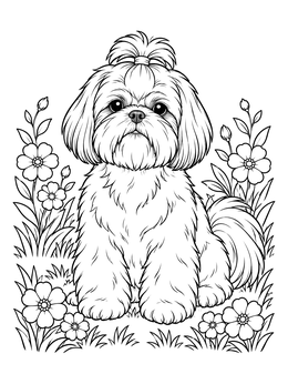 Free printable Fluffy Shih Tzu In Flower Garden coloring page
