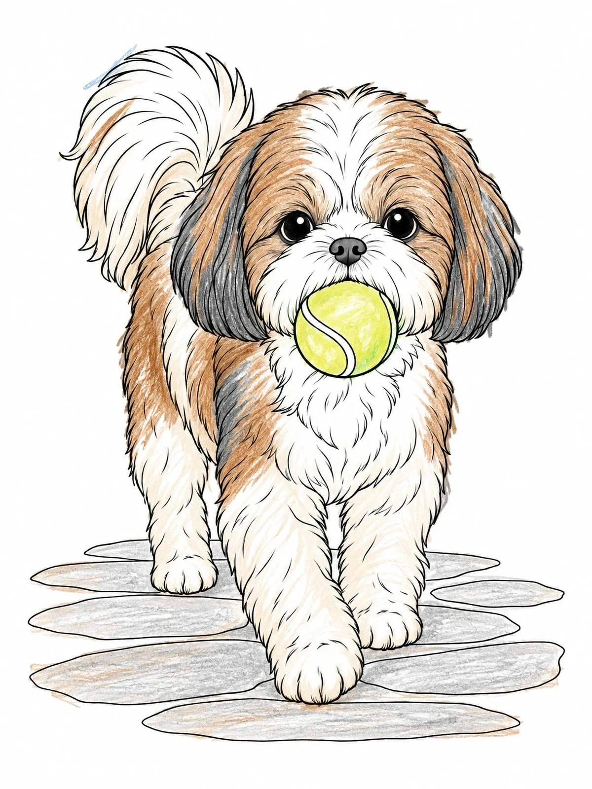 Colored example of the Fluffy Shih Tzu Holding Tennis Ball coloring page