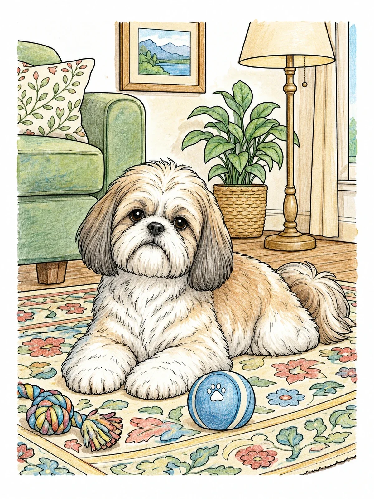 Colored example of the Fluffy Shih Tzu In Cozy Living Room coloring page