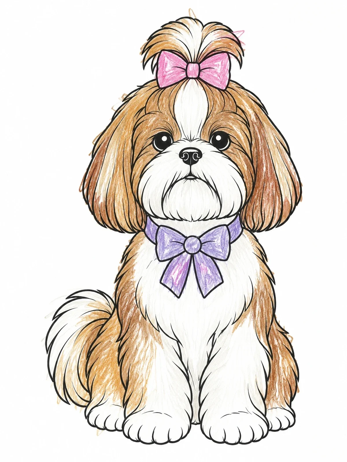 Colored example of the Fluffy Shih Tzu With Bows coloring page